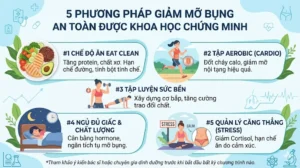 5 phương pháp giảm mỡ bụng an toàn được khoa học chứng minh gồm eat clean, tập cardio, tập sức bền, ngủ đủ giấc và kiểm soát stress giúp giảm mỡ hiệu quả và bền vững.