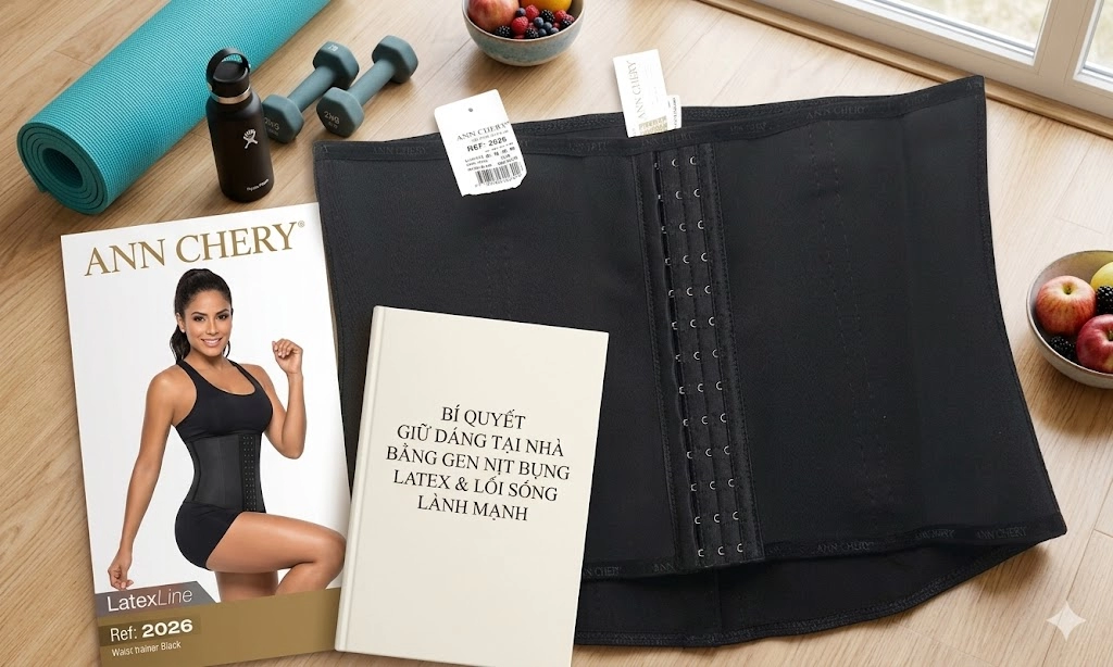 Gen nịt bụng latex Ann Chery kết hợp phụ kiện tập luyện và chế độ ăn lành mạnh giúp giữ dáng tại nhà hiệu quả, hỗ trợ siết eo và cải thiện vóc dáng.
