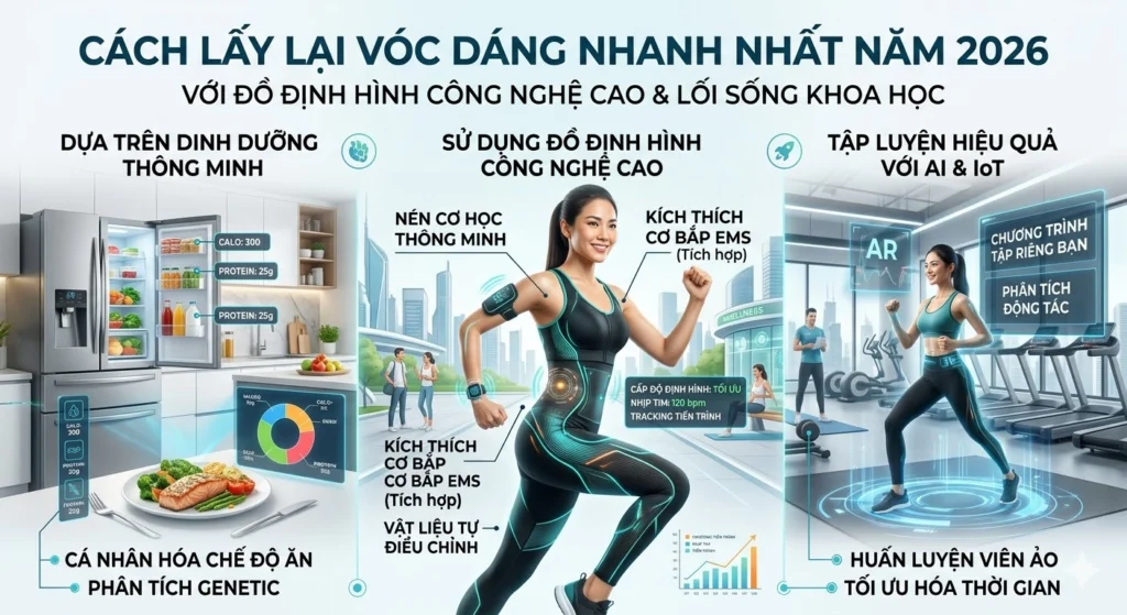 **Alt text chuẩn SEO đề xuất:** *Cách lấy lại vóc dáng nhanh nhất năm 2026 với đồ định hình công nghệ cao, chế độ dinh dưỡng thông minh và tập luyện hiệu quả bằng AI giúp giảm mỡ và săn chắc cơ thể.*