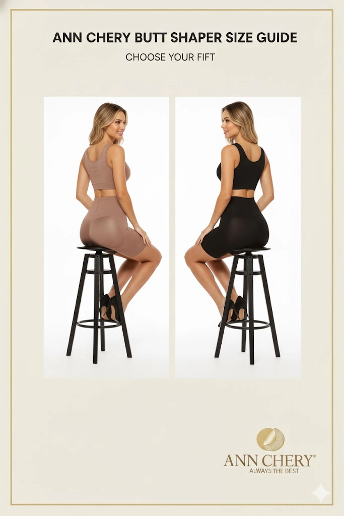 **Alt text đề xuất (chuẩn SEO):** *Người mẫu mặc quần nâng mông Ann Chery màu da và màu đen ngồi trên ghế, minh họa thiết kế quần định hình giúp nâng mông và tạo đường cong tự nhiên.*
