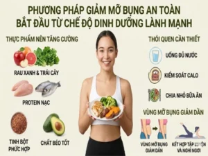 Phương pháp giảm mỡ bụng an toàn bắt đầu từ chế độ dinh dưỡng lành mạnh với rau xanh, trái cây, protein nạc, tinh bột phức hợp và chất béo tốt kết hợp uống đủ nước và kiểm soát calo.
