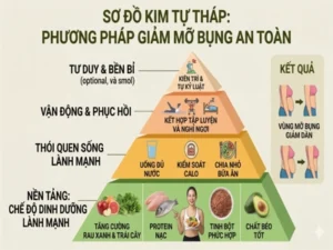 Sơ đồ kim tự tháp phương pháp giảm mỡ bụng an toàn với chế độ dinh dưỡng lành mạnh, kiểm soát calo, tập luyện, nghỉ ngơi hợp lý và duy trì thói quen sống khoa học giúp giảm mỡ hiệu quả.