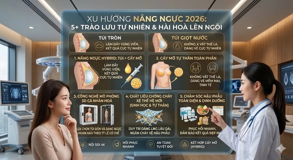 Xu Hướng Nâng Ngực 2026: 5+ Trào Lưu Tự Nhiên & Hài Hoà Lên Ngôi 1 **Alt text chuẩn SEO đề xuất:** *Infographic xu hướng nâng ngực 2026 với 5 trào lưu tự nhiên và hài hòa: túi tròn, túi giọt nước, nâng ngực hybrid, cấy mỡ tự thân và công nghệ mô phỏng 3D cá nhân hóa.*