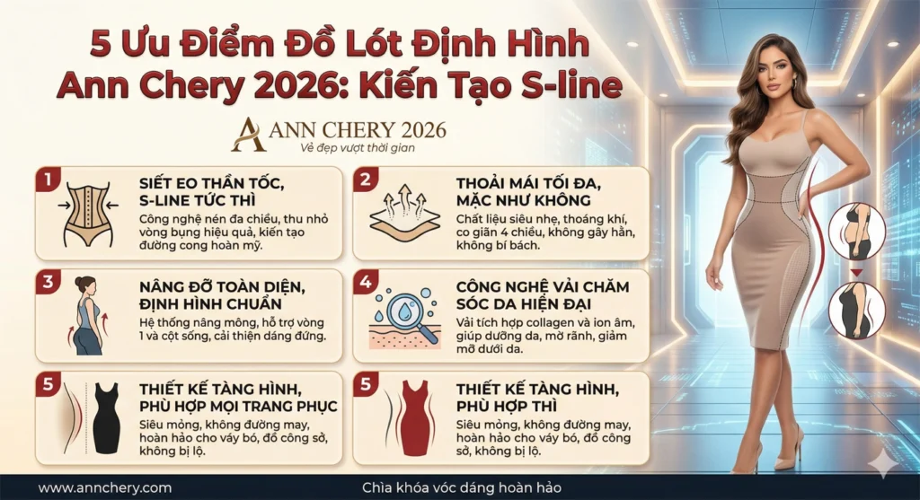 5 Ưu Điểm Đồ Lót Định Hình Ann Chery 2026: Kiến Tạo S-line 1 5 ưu điểm đồ lót định hình Ann Chery 2026 giúp siết eo thần tốc, tạo đường cong S-line, nâng đỡ cột sống, thoáng khí thoải mái và phù hợp nhiều loại trang phục