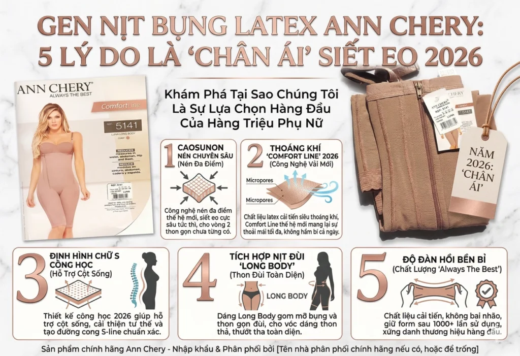 Gen Nịt Bụng Latex Ann Chery: 5 Lý Do Là "Chân Ái" Siết Eo 2026 1 Gen nịt bụng Latex Ann Chery chính hãng giúp siết eo thon gọn, hỗ trợ cột sống, cải thiện tư thế và tạo đường cong S-line chuẩn dáng cho nữ năm 2026