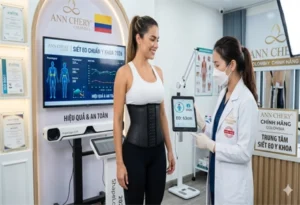 Người phụ nữ mặc áo thể thao và quần legging đen đang được chuyên viên y tế tư vấn trong phòng khám hiện đại, đeo gen nịt bụng latex Ann Chery chính hãng. Màn hình phía sau hiển thị dữ liệu “siết eo chuẩn y khoa 2026”, biểu đồ đo vòng eo và hình minh họa cột sống. Bên cạnh là thiết bị đo chỉ số cơ thể và bảng thông tin về hiệu quả – độ an toàn của sản phẩm định hình. Không gian sạch sẽ, chuyên nghiệp, nhấn mạnh tính khoa học và kiểm chứng y khoa của giải pháp siết eo.