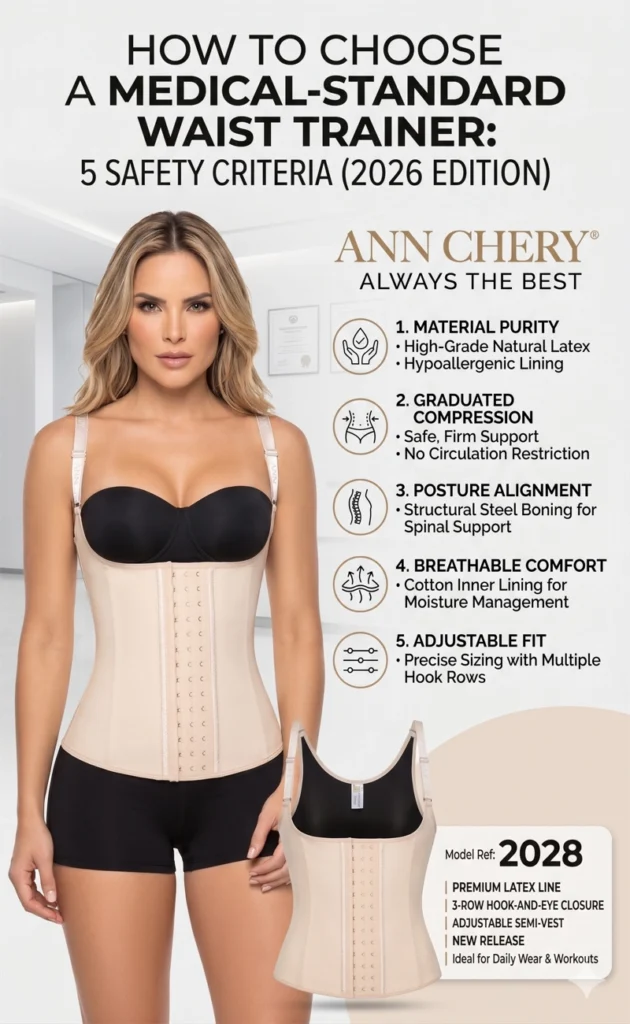 Infographic hướng dẫn cách chọn gen nịt bụng chuẩn y khoa Ann Chery 2026 với 5 tiêu chí an toàn: chất liệu latex tự nhiên cao cấp, nén ép phân vùng (graduated compression), hỗ trợ cột sống bằng xương thép, lớp lót cotton thoáng khí, và thiết kế nhiều hàng móc điều chỉnh size. Hình minh họa người mẫu mặc gen màu be kèm chi tiết cấu tạo và model 2028.