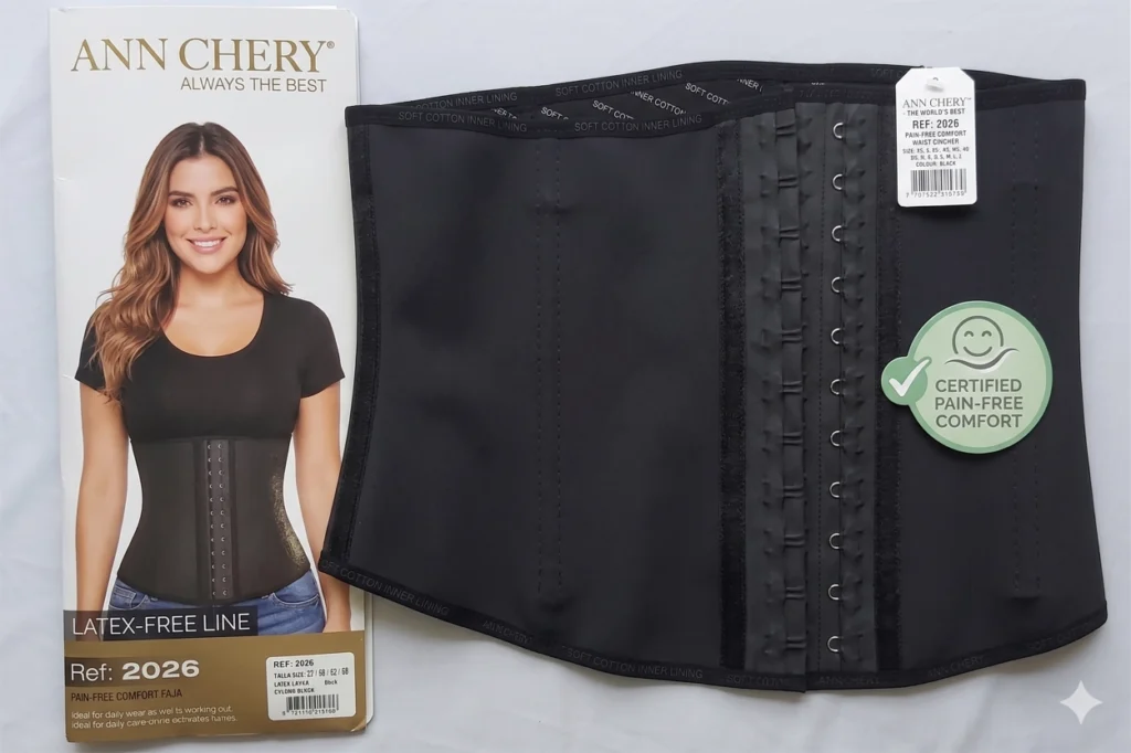 Đai nịt bụng Ann Chery Ref 2026 Latex-Free Line màu đen với thiết kế siết eo không đau tức, nhiều hàng móc cài điều chỉnh, lớp lót cotton mềm mại và chứng nhận Certified Pain-Free Comfort phù hợp mặc hằng ngày