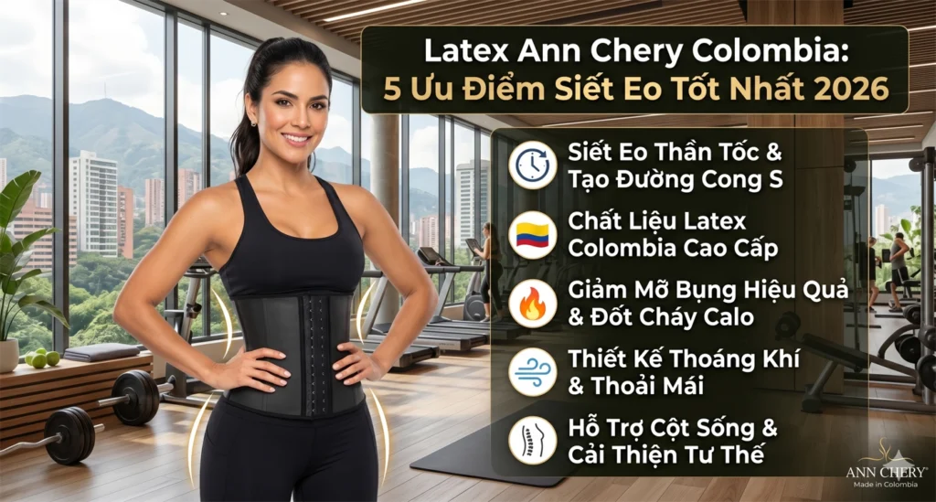 Đồ lót định hình Latex Ann Chery Colombia 2026 với thiết kế gen nịt bụng cao cấp giúp siết eo nhanh, tạo đường cong S-line, hỗ trợ cột sống và cải thiện tư thế, chất liệu thoáng khí phù hợp tập gym và mặc hằng ngày.