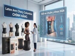 Không gian trưng bày sản phẩm đồ định hình latex Ann Chery Colombia chính hãng, với nhiều mẫu gen nịt bụng đặt trên kệ và mannequin. Bên cạnh là bác sĩ tư vấn cho khách hàng, cùng màn hình hiển thị công nghệ siết eo chuẩn y khoa 2026, minh họa cấu trúc cột sống và khả năng hỗ trợ định hình cơ thể
